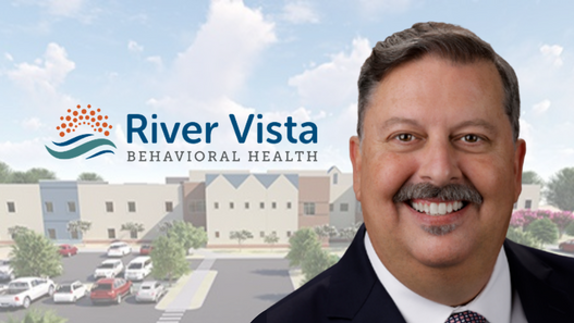 Representación del hospital de salud conductual River Vista, logotipo de salud conductual de River Vista y foto